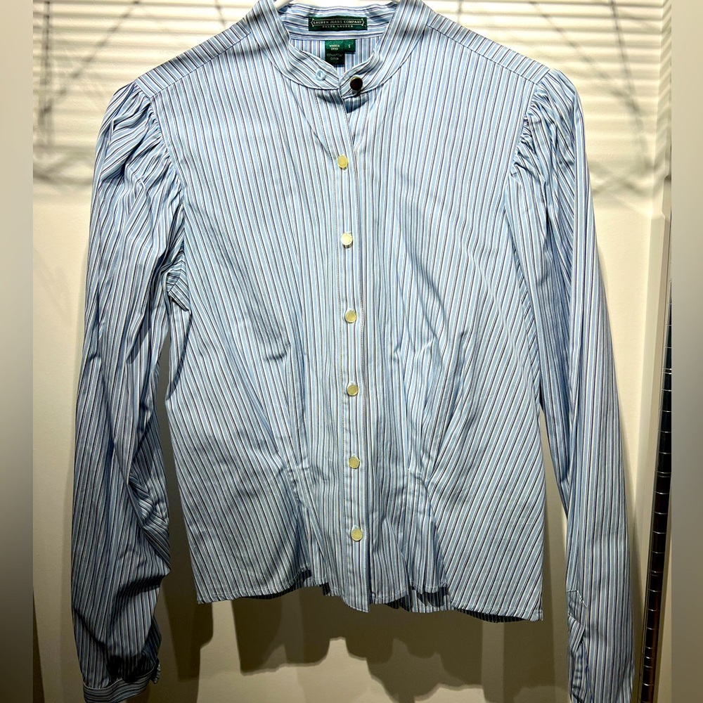 Ralph Lauren mandarin collar poplin cotton blouse in blue stripe. Size S